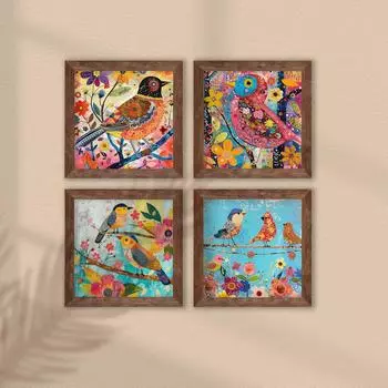 Яркие принты для стен с птицами и цветами, яркие ботанические дизайны с картинами экзотических птиц для декора дома и офиса (9x9 дюймов, Набор из 4 штук)