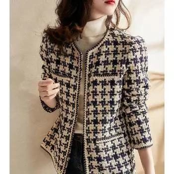 Яркие шелковые яркие линии украшения клетчатые винтажные O-образный вырез с длинным рукавом женские куртки закрытые пуговицы короткие куртки пальто женские 3XL чёрный