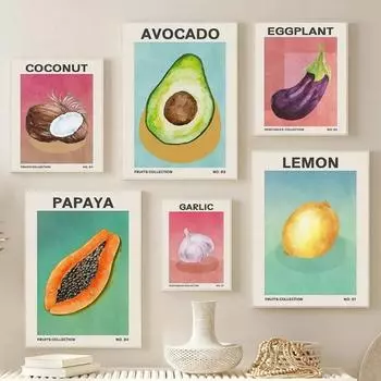 Яркие современные настенные картины на холсте с изображением ананаса, авокадо, банана, лимона, идеально подходят для декора гостиной, спальни, столовой 21cm30cm NoFrame