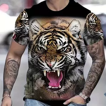 Яркий 3D-графический принт с ревом тигра — короткий рукав, круглый вырез, новинка, летняя футболка для активного отдыха, мужская футболка для повседневной носки S