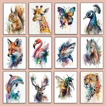Яркий абстрактный акварельный холст с изображением животных, тигра, льва, лисы, собаки, павлина, настенный художественный постер для домашнего декора 21cm30cm NoFrame