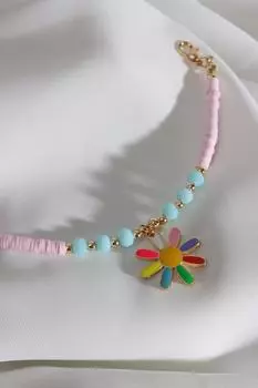 Яркий эмалированный браслет-ромашка с бусинами Fimo пыльно-розового цвета