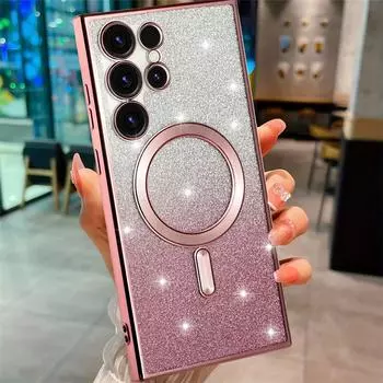 Яркий блестящий чехол для Samsung Galaxy S24 S23 S22 S21 S20 Ultra Plus FE, блестящий чехол Note20 Ultra Plat, беспроводной магнитный MagSafe For Galaxy S24 Ultra чёрный