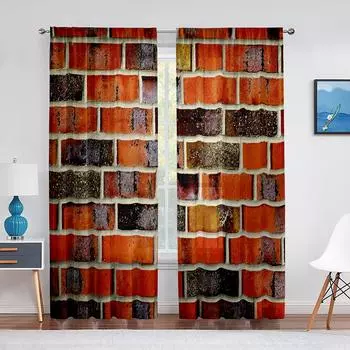 Яркий цвет, прозрачная вуаль с принтом на кирпичную стену, занавески для кухни, гостиной, спальни, современный декор, тюлевая занавеска, обработка окна 1 PCS W100XH250cm&Rod Pocket