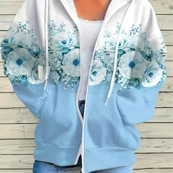 Яркий цветочный принт с капюшоном и карманом, длинный рукав, затягивающийся шнурок, куртка с капюшоном и застежкой-молнией спереди, повседневная женская одежда S