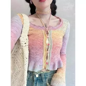 Яркий контрастный цветной блок Tie Dye Радужный свитер Тонкое короткое пальто Вязаный трикотаж Укороченный топ Укороченный милый корейский наряд y2k S розовый