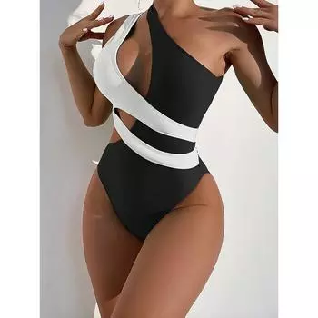 [Яркий купальник] Ярко-розовый и неоново-зеленый женский слитный купальник | Элегантное одно плечо, асимметричный вырез, эластичный машинный купальник S чёрный