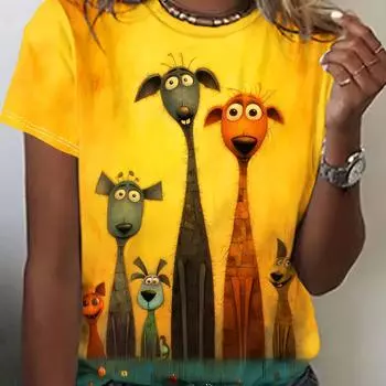 Яркий мультяшный принт с изображением собаки для женщин, короткий рукав, круглый вырез, дышащая женская одежда S