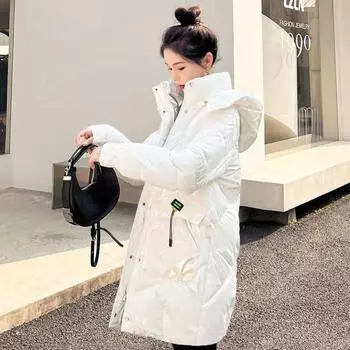 Яркий пуховик без мытья лица, хлопковая стеганая куртка, женская средняя длина, корейская версия, свободное зимнее пальто, хлопковая стеганая куртка, новый тренд M белый