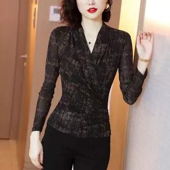 Яркий шелковый топ, женские футболки с длинными рукавами и v-образным вырезом, весна-осень, новая темпераментная нижняя рубашка, S-4XL XL чёрный