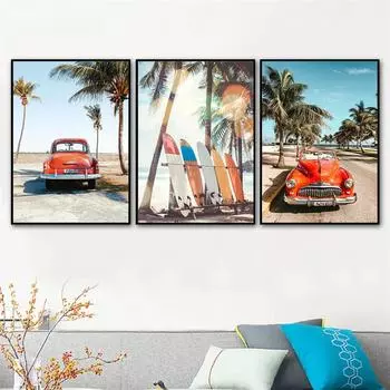 Яркий солнечный свет, постер с доской для серфинга, настенные художественные принты с пальмами, картины на холсте с изображением автомобилей, летние постеры, скандинавские настенные картины, декор спальни 21x30cm No Framed