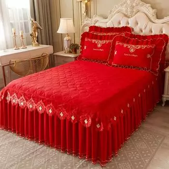 Ярко-красная свадебная кружевная юбка-кровать, полностью хлопковое покрывало из чистого хлопка, стеганое постельное белье с китайской вышивкой 150*200cm 3pcs