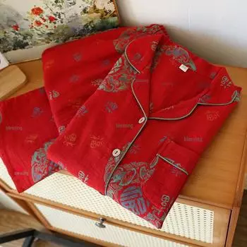 Ярко-красная жаккардовая женская хлопковая пижама на весну и осень - тонкая домашняя одежда и китайский свадебный наряд M