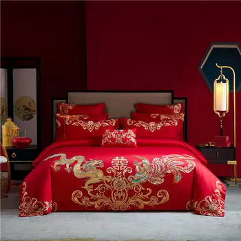 Ярко-красный свадебный комплект из чистого хлопка в китайском стиле с вышивкой из четырех предметов, свадебная простыня из десяти предметов и пододеяльник 1