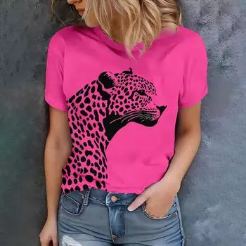 Ярко-розовая женская футболка с черным леопардовым принтом, летний стиль, повседневный топ с коротким рукавом для ежедневной носки 2XS