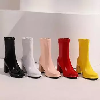 Ярко-желтые сапоги на толстом каблуке из блестящей лакированной кожи белого, розового, красного, черного цвета, короткие сапоги для женщин 34