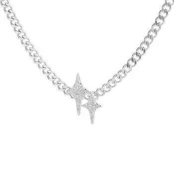 Яркое ожерелье с двойной звездой Cross-Border Tide Street Personality Hip Hop Четырехугольная звездная цепочка Цепочка на ключицу Bronze (White Gold)