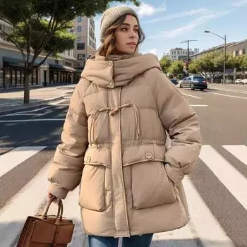 Ярлык TEMU новая китайская средняя и длинная утепленная одежда женская ретро роговая пряжка хлопковая утепленная куртка S белый