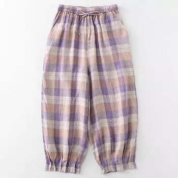 Yarn-dyed plaid Harlan pants women s 2025 autumn new literary and retro drawstring elastic waist casual nine-point pants M