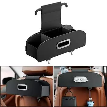 Ящик для хранения автомобиля Ящик для хранения спинки автомобильного сиденья Задний багажник Автомобильный крючок Подстаканники 5-в-1, коробка для салфеток, крючки Складная фиксированная пряжка чёрный
