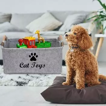 Ящик для хранения большой емкости, контейнер для хранения игрушек для домашних животных с деревянными ручками, фетровая корзина для хранения товаров для домашних животных B