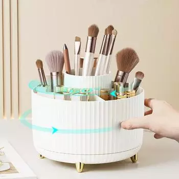 Ящик для хранения косметики Пластиковый настольный вращающийся бытовой большой емкости для карандашей для бровей, помады, кистей для макияжа белый