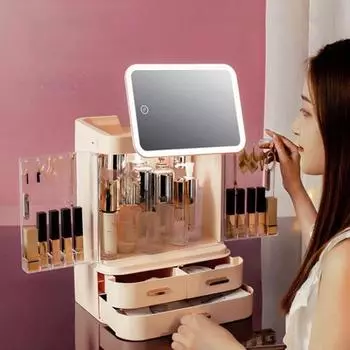 Ящик для хранения косметики с зеркалом. Универсальные настольные средства для ухода за кожей. Большой вместительный стеллаж для туалетного столика. бежевый