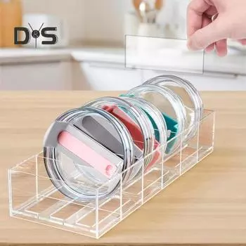 Ящик для хранения крышки стакана, прозрачный акриловый органайзер для крышки стакана с 5 разделителями, полое дно, легко сливаемая крышка стакана, ящик для хранения для кухонного шкафа