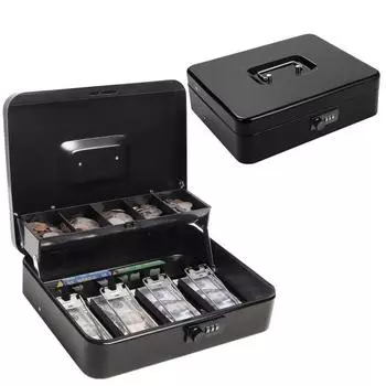 Ящик для хранения наличных денег, металлический ящик для денег с 5-секционным лотком, большая вместимость, портативный сейф с замком для денег, лоток для монет