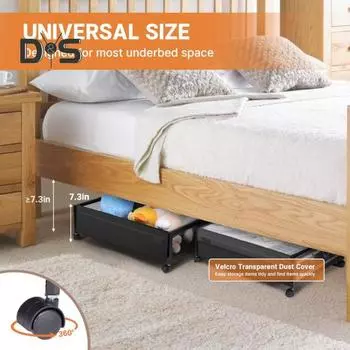 Ящик для хранения под кроватью с вращающимися на 360 градусов роликами, дизайном ручки, застежкой-молнией, большой вместимостью, пылезащитным контейнером для хранения одежды и одеял L чёрный