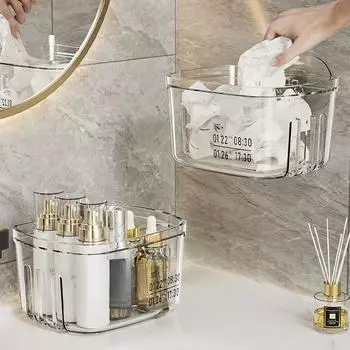 Ящик для хранения полотенец для лица, настенный умывальник для ванной комнаты, прозрачный стеллаж для хранения в ванной комнате, вторичное хлопковое мягкое полотенце двойного назначения 16*12*6cm серый/прозрачный