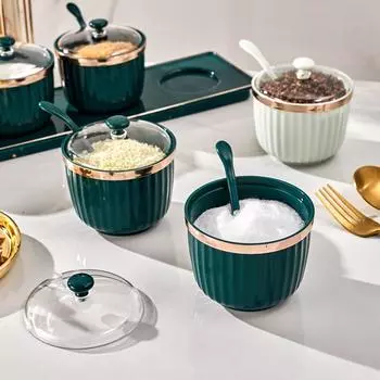 Ящик для хранения приправ, бутылки для приправ, контейнер для перца, сахара, миска, солонка, банки, бутылка кунжута с крышкой, кухонные аксессуары зелёный