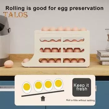 Ящик для хранения яиц в холодильнике Четырехъярусный автоматический катящийся ящик большой емкости Компактный органайзер на 30 яиц Боковая дверца холодильника Диспенсер для яиц Коробка для яиц молочный белый