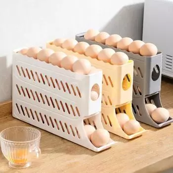 Ящик для хранения яиц в холодильнике. Четырехъярусный автоматический катящийся органайзер для яиц большой вместимости. Компактный органайзер для яиц. Боковая дверь холодильника. Диспенсер для яиц. белый