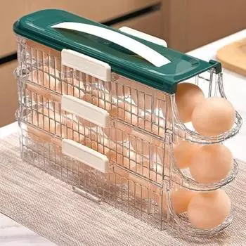 Ящик для хранения яиц в холодильнике Yousheng, автоматический органайзер для яиц, большая емкость, прозрачный, штабелируемый, с крышкой Dual Layer зелёный