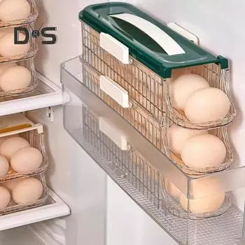 Ящик для хранения яиц в холодильнике, автоматический вращающийся органайзер для яиц, большая емкость, прозрачный, штабелируемый диспенсер для яиц с крышкой Dual Layer зелёный