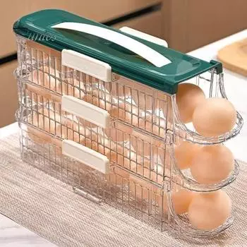 Ящик для хранения яиц в холодильнике, автоматический вращающийся органайзер для яиц, большая емкость, прозрачный, штабелируемый диспенсер для яиц с крышкой Dual Layer зелёный