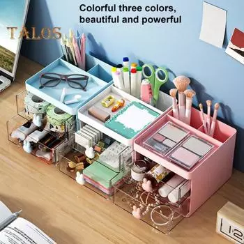 Ящик для хранения ящика, большая емкость, экономия места, безопасность материала, удобный держатель для кистей для макияжа, настольная коробка для канцелярских принадлежностей, студенческие принадлежности синий