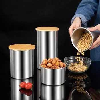Ящик для хранения с бамбуковой крышкой из нержавеющей стали 304, подходит для хранения зерна, орехов, закусок, фруктов, свежести, кухонных контейнеров для хранения