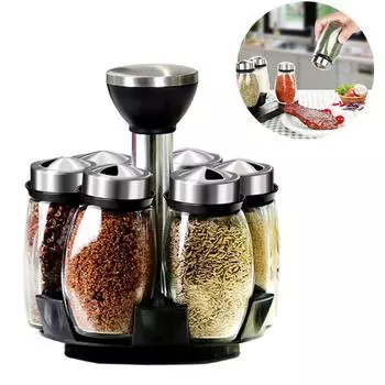 Ящик для хранения специй, бутылка для приправ, подставка для специй с 6 стеклянными баночками, вращающаяся на 360°.