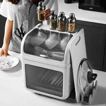 Ящик для хранения столовых приборов для мисок и палочек для еды Ящик для хранения с крышкой Подставка для мисок Пластиковый сливной шкаф Пылезащитная полка серый