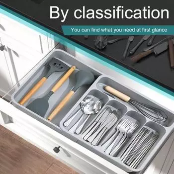 Ящик для хранения столовых приборов. Классификационная организация. Расширяемая большая емкость с несколькими отделениями. Лоток для посуды. Вилка. Палочки для еды. Ящик для ложки. Посуда. серый