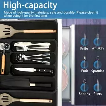 Ящик для хранения столовых приборов. Классификационная организация. Выдвижной расширяемый ящик большой емкости с несколькими отделениями. Лоток для посуды. Лоток для вилки. Палочки для еды. Ящик для ложки. серый