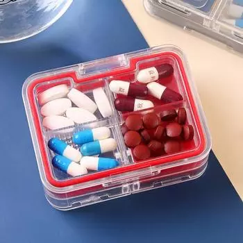 Ящик для хранения таблеток на открытом воздухе с резаком, разделитель таблеток, шлифовальная машина, щетка для порошка, прозрачная пищевая пылезащитная, влагостойкая таблетка-носитель для лекарств красный