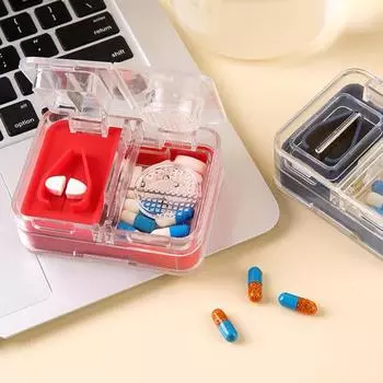 Ящик для хранения таблеток на открытом воздухе с резаком, разделитель таблеток, шлифовальная машина, щетка для порошка, прозрачная пищевая пылезащитная, влагостойкая таблетка-носитель для лекарств красный