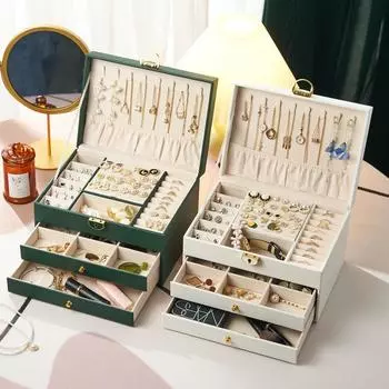 Ящик для хранения ювелирных изделий Кожаный ящик для хранения косметики Туалетный столик Помада для ухода за кожей Пылезащитный ящик для хранения большой емкости Настольный компьютер 23*17*13.5cm белый