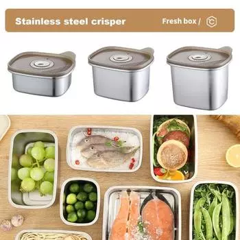 Ящик для хранения в холодильнике емкостью 300/500/600 мл с прозрачной герметичной крышкой, нержавеющая сталь 304, большая вместимость, можно мыть в посудомоечной машине, штабелируемый, овощи, фрукты M бежевый