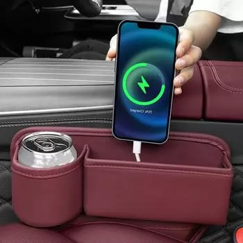 Ящик для хранения Yousheng, заполнитель зазоров между сиденьями автомобиля с подстаканником, большая вместимость, простая установка, ящик для хранения зазоров между сиденьями с подстаканником для воды чёрный