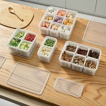 Ящик для консервации в кухонном отделении. Пластиковый контейнер для прикорма из зеленого лука и чеснока. Уплотнительная коробка для холодильника.