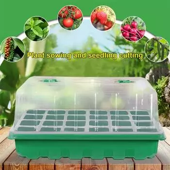 Ящик для рассады растений с куполом для увлажнения 24 ячейки или 48 ячеек Прозрачный лоток для семян для начинающих Ящик для проращивания растений с регулируемыми вентиляционными отверстиями для рассады S зелёный